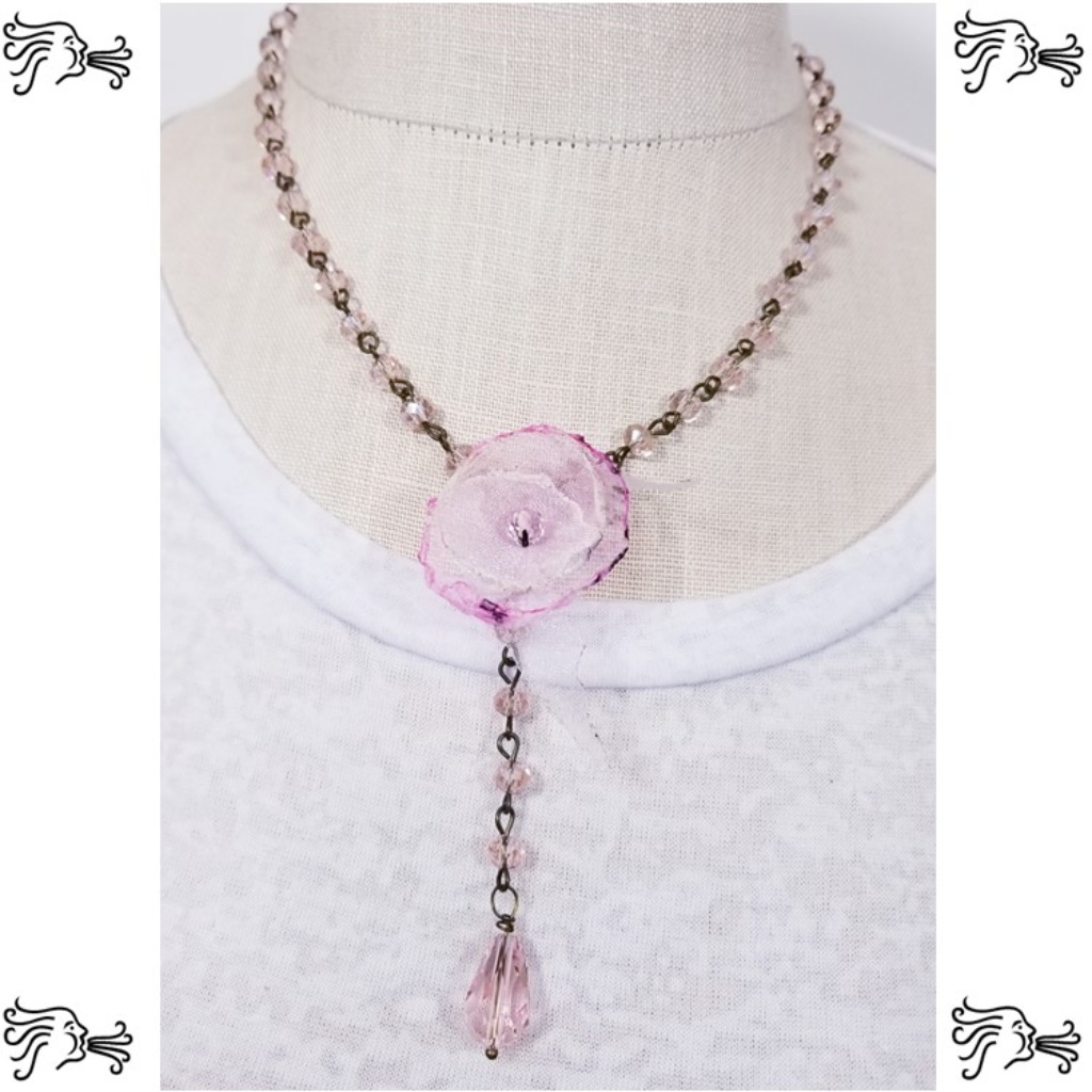 Y Necklace Pink Crystal Bronze Chain